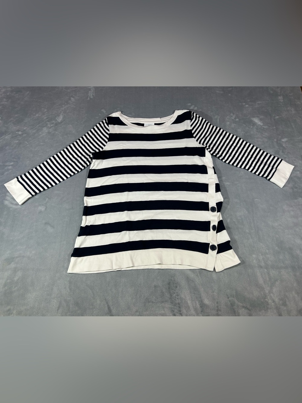 J.Jill Organic Cotton Knit Boat Neck Pullover Striped 3/4 Sleeve XS Button